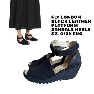 FLY LONDON BLACK WEDGE SANDALS HEELS SZ. 9/39 EUC